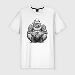 Мужская slim-футболка Новогодняя горилла на корточках