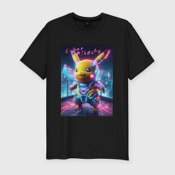 Футболка slim-fit Cyber Pikachu - neon glow ai art fantasy, цвет: черный