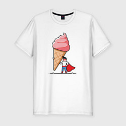 Футболка slim-fit Забавный супермен держит огромный рожок мороженого, цвет: белый