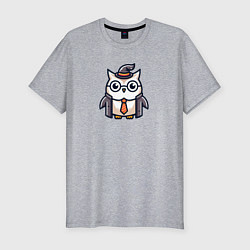 Футболка slim-fit Сова в пиджаке с галстуком и шляпе, цвет: меланж