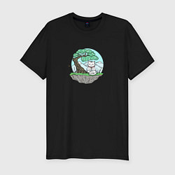 Футболка slim-fit Японский кот в позе лотоса, цвет: черный