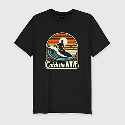Футболка slim-fit Серфер на волне в ретро стиле лови волну, цвет: черный