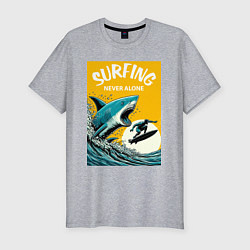 Футболка slim-fit Акула и серфер - нейросеть, цвет: меланж