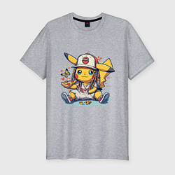 Мужская slim-футболка Пикачу покемон ест пиццу