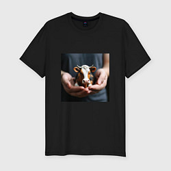 Мужская slim-футболка Красивая мини корова в руках