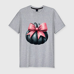 Мужская slim-футболка Черная тыква с розовым бантом - Хэллоуин