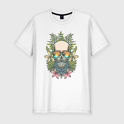 Мужская slim-футболка Бородатый череп хипстер в цветах