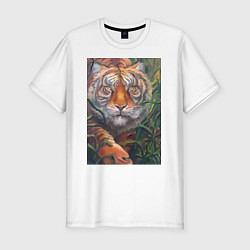 Футболка slim-fit Охотящийся тигр, цвет: белый