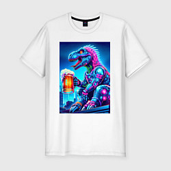Мужская slim-футболка Cyber tyrannosaur with a mug of beer - ai art fant