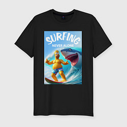 Футболка slim-fit Homer Simpson and shark - surfing never alone, цвет: черный