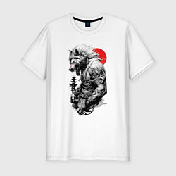Футболка slim-fit Волк воин - японская гравюра, цвет: белый