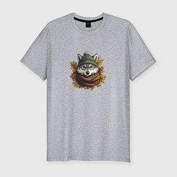 Футболка slim-fit Серый волк в шапке и шарфе, цвет: меланж