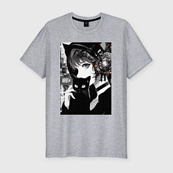 Футболка slim-fit Girl with black kitten anime - cyberpunk, цвет: меланж