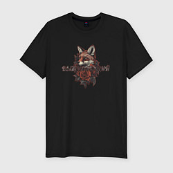 Футболка slim-fit Выжидающий лис в розах, цвет: черный
