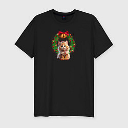 Футболка slim-fit Новогодний котик с рождественским венком, цвет: черный