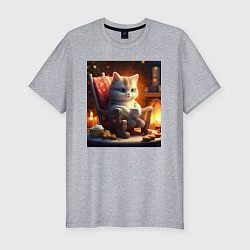 Футболка slim-fit Уютный кот у камина с чашкой какао, цвет: меланж