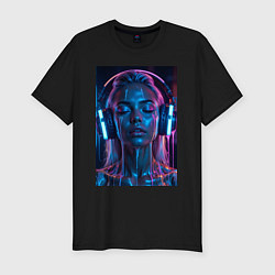 Мужская slim-футболка Девушка с наушниками в неоне