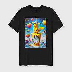 Футболка slim-fit Funny Pikachu and fishes - surrealism, цвет: черный