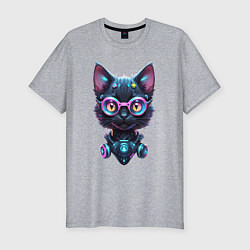 Мужская slim-футболка Прикольный котёнок - киберпанк