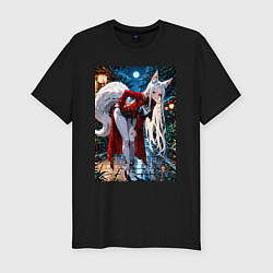Футболка slim-fit Белоснежная лиса лунной ночью, цвет: черный
