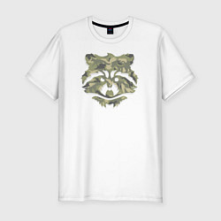 Футболка slim-fit Енот в камуфляже с силуэтами животных, цвет: белый