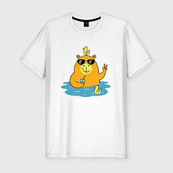 Футболка slim-fit Капибара с уточками на море, цвет: белый