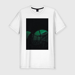 Футболка slim-fit Тилозавр атакует батискаф с девушкой ужасы, цвет: белый