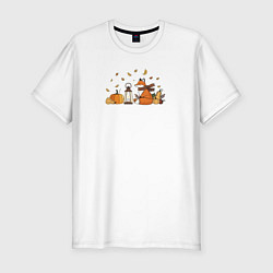 Футболка slim-fit Лиса с тыквами и фонарём, цвет: белый