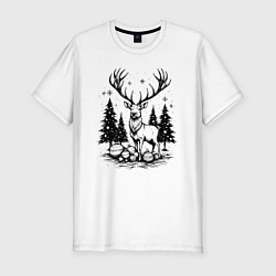 Футболка slim-fit Олень в новогоднем лесу, цвет: белый
