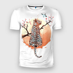 Футболка спортивная мужская Тигр на дереве сакуры, цвет: 3D-принт