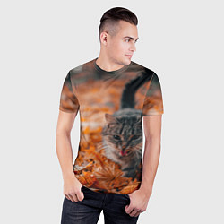 Футболка спортивная мужская Мяукающий кот осенние листья, цвет: 3D-принт — фото 2