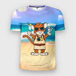 Мужская спорт-футболка Тигр в отпуске на новый год на море