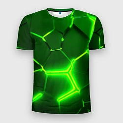 Мужская спорт-футболка 3D ПЛИТЫ НЕОН NEON GREEN HEXAGON РАЗЛОМ