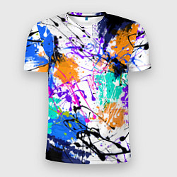 Мужская спорт-футболка Брызги и мазки разноцветных красок на белом фоне