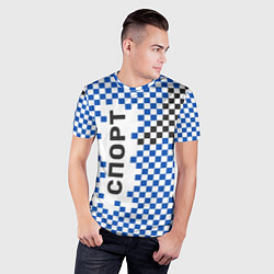 Футболка спортивная мужская Спорт - бело-сине-чёрный клетчатый вариант, цвет: 3D-принт — фото 2