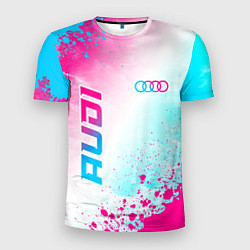 Мужская спорт-футболка Audi neon gradient style: символ и надпись вертика