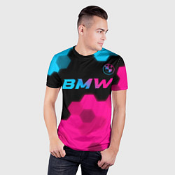Футболка спортивная мужская BMW - neon gradient: символ сверху, цвет: 3D-принт — фото 2