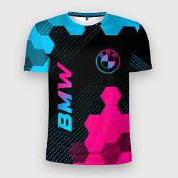 Мужская спорт-футболка BMW - neon gradient: символ и надпись вертикально