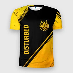 Мужская спорт-футболка Disturbed - gold gradient: символ и надпись вертик