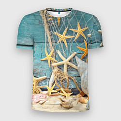 Мужская спорт-футболка Натюрморт из сети, морских звёзд и ракушек - лето