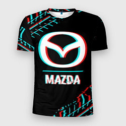 Футболка спортивная мужская Значок Mazda в стиле glitch на темном фоне, цвет: 3D-принт