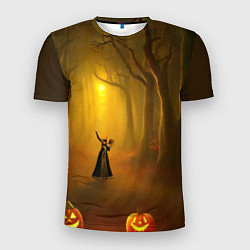 Футболка спортивная мужская Ведьма в черном платье в заколдованном лесу с тыкв, цвет: 3D-принт