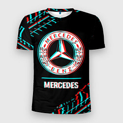 Футболка спортивная мужская Значок Mercedes в стиле glitch на темном фоне, цвет: 3D-принт