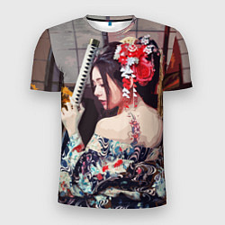 Футболка спортивная мужская Японская девушка с самурайским мечом, цвет: 3D-принт