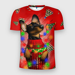 Мужская спорт-футболка Новогодняя такса на красном фоне с ёлками