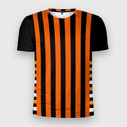 Мужская спорт-футболка Полосатый узор в красных оранжевых тонах на черном