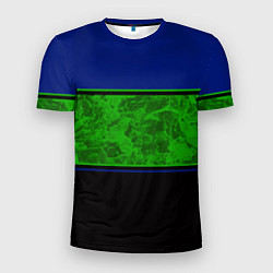 Мужская спорт-футболка Синие, неоновые зеленые мраморные и черные полосы