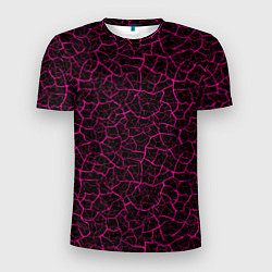 Мужская спорт-футболка Абстрактные розовые узоры в виде трещин на чёрном
