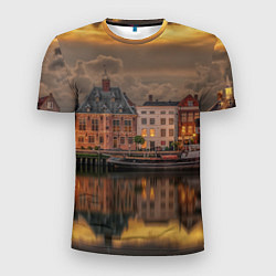 Мужская спорт-футболка Мирный город на воде и тучи