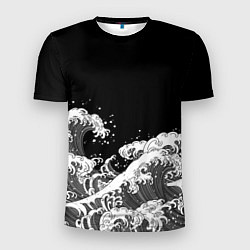 Мужская спорт-футболка Японские волны на темном фоне
